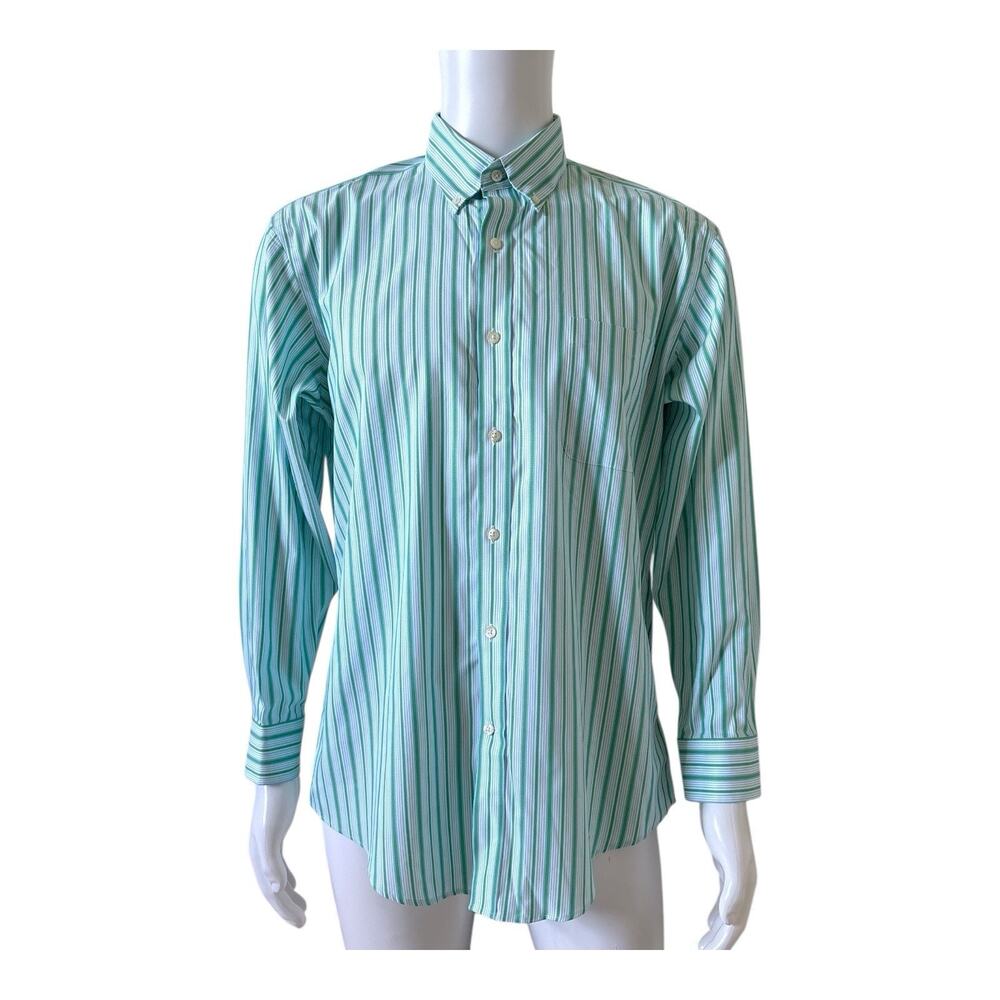 Lands End Button Up Shirt Mens 16-32 Striped Supima Pinpoint No Iron Tailored